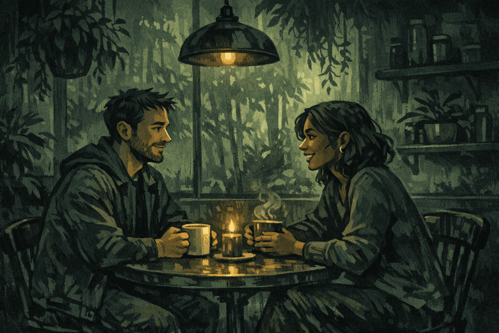 Two people having a warm conversation at a café, symbolizing healthy communication